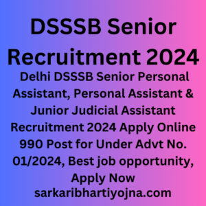 DSSSB Senior Recruitment 2024, Delhi DSSSB Senior Personal Assistant, Personal Assistant & Junior Judicial Assistant Recruitment 2024 Apply Online 990 Post for Under Advt No. 01/2024, Best job opportunity, Apply Now