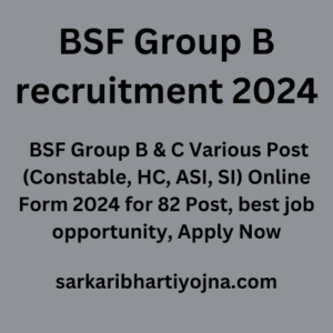 BSF Group B recruitment 2024, BSF Group B & C Various Post (Constable, HC, ASI, SI) Online Form 2024 for 82 Post, best job opportunity, Apply Now