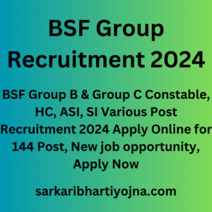 BSF Group Recruitment 2024, BSF Group B & Group C Constable, HC, ASI, SI Various Post Recruitment 2024 Apply Online for 144 Post, New job opportunity, Apply Now